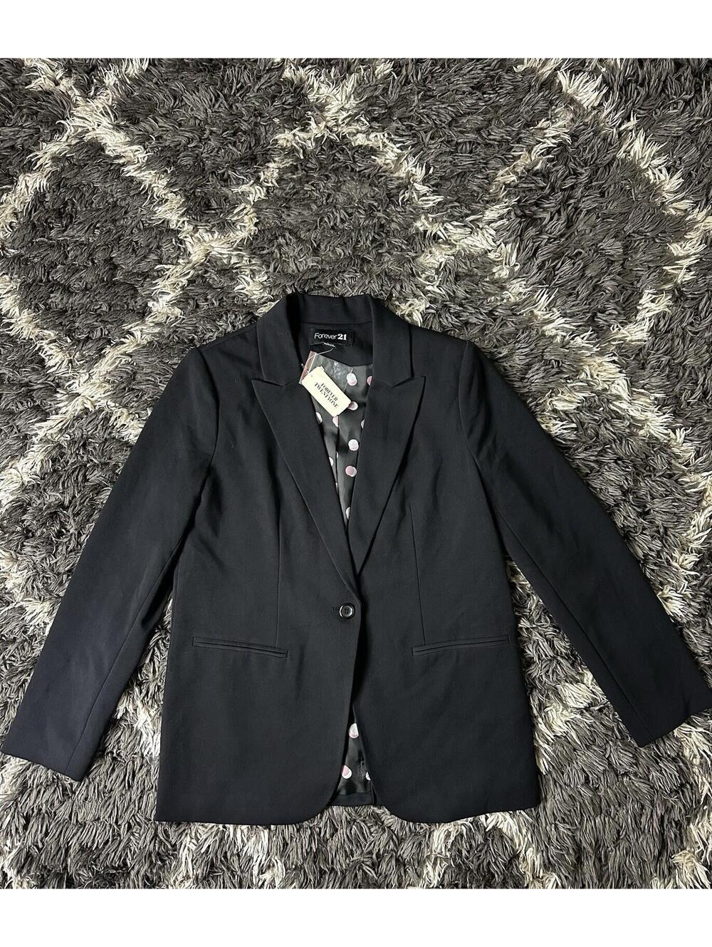 NWT Forever 21 Womens Blazer Jacket Large L Black Polka Dot Lining 1-Button Coat